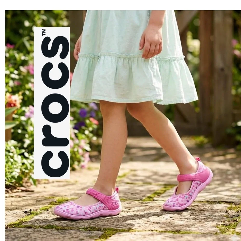 Crocs Girls Pink Purple Polka Dot Mary Jane Flats Shoes 204693‎ Size J2 Coquette